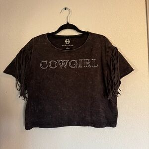 Social culture Black acid wash Cowgirl Fringe cropped T-Shirt size large